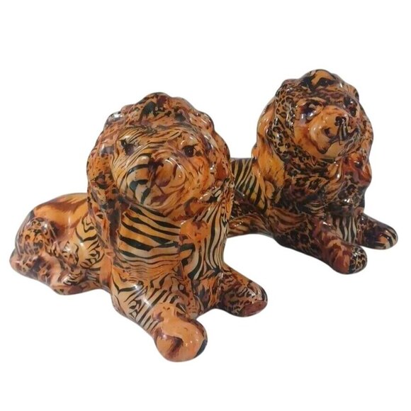 2 Lion Safari Figurine La Vie Patchwork Decoupage Home Decorative Lion King Pair - Picture 1 of 13